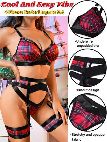 Vista 75 de Kaei&Shi - Lencería con liguero para mujer, conjunto de encaje traslúcido y sexy de 4 piezas combinadas