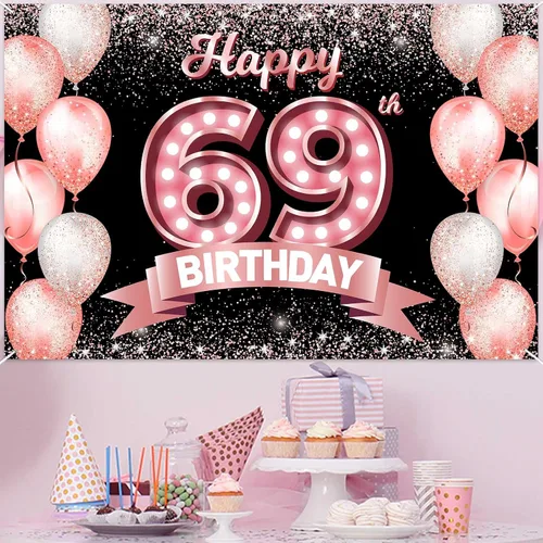 Vista 213 de Cartel de feliz cumpleaños décimo oro rosa, telón de fondo, saludos a 10 años, globos de confeti, decoración temática para niñas de 10 años