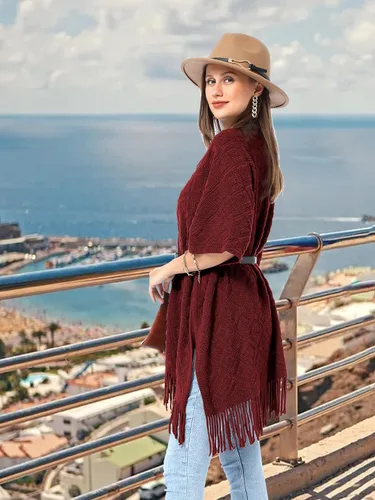 Vista 24 de Soul Young - Chal de punto para mujer, poncho con flecos y capa