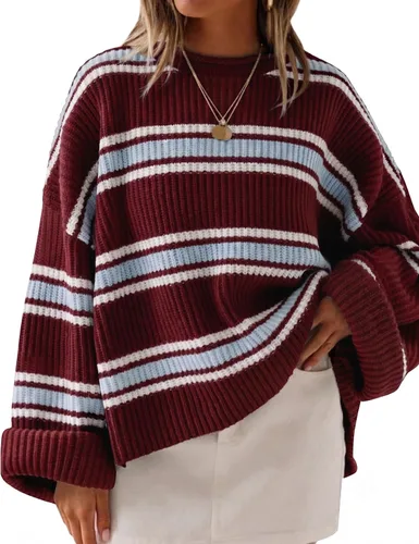 Vista 9 de ZESICA Suéter de manga larga con cuello redondo, bloque de color a rayas, holgado y cómodo, tejido de punto para mujer, otoño 2026 Rayas negras