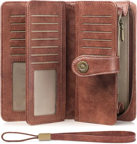 Vista 17 de FALAN MULE Cartera de cuero para mujer, de gran capacidad, bifold, con bloqueo RFID, tarjetero con bolsillo para monedas con cremallera Aa-negro.