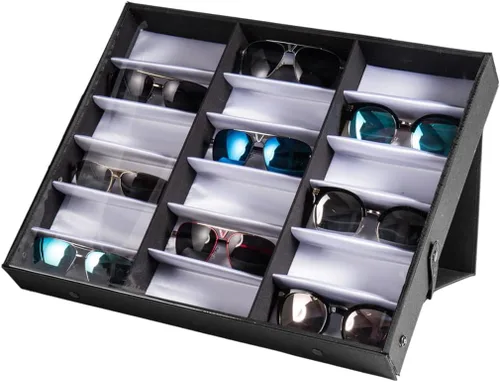 Vista 5 de HOYOC Estuche de exhibición de gafas de sol de 18 ranuras para los ojos, organizador de almacenamiento, bandeja de terciopelo de calidad para gafas