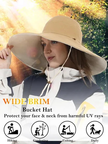 Vista 4 de Sombrero de pescador de algodón para mujer, reversible, de ala ultra ancha, plegable, protección UV, verano, viajes, UPF 50+ Caqui
