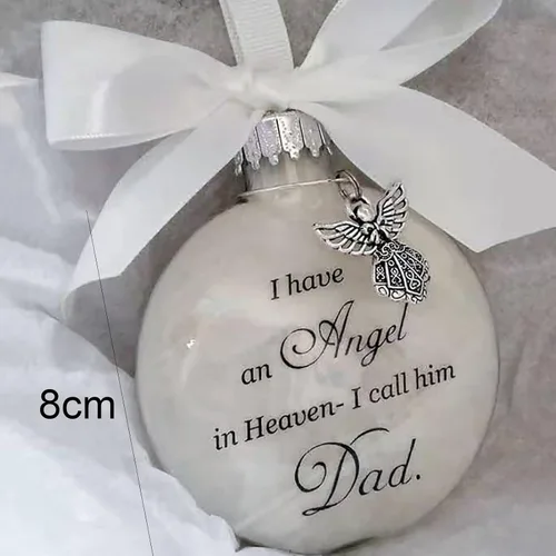 Vista 5 de Adornos conmemorativos de Navidad, bola de plumas con texto en inglés "I Have an Angel in Heaven" con un pequeño ángel de Navidad, adorno de Navidad