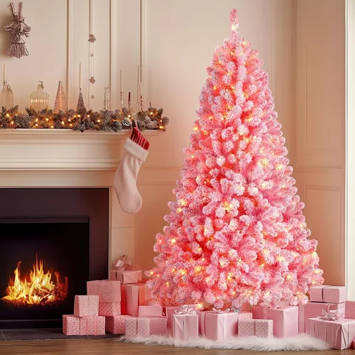 Vista 5 de SHareconn - Árbol de Navidad artificial preiluminado de abeto nevado de 6 pies, color rosa