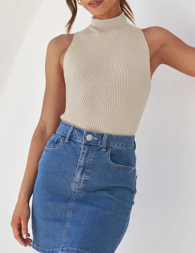 Vista 7 de ZESICA Camisetas sin mangas de verano para mujer, cuello de tortuga, de punto acanalado, ajustadas, básicas, casuales