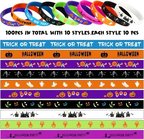 Vista 2 de Hiboom 100 Pcs Halloween Rubber Bracelets Bulk Halloween Party Favor Trick or Treat Goodie Bag Stuffer Filler Rubber Silicone Wristband Gift for