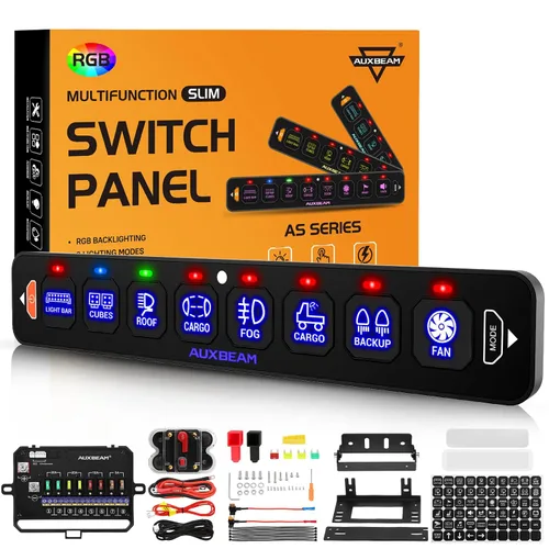 Vista 9 de Auxbeam Panel de interruptores de 4 bandas delgado RGB AS-R40 Panel de interruptor atenuable automático con pulsación momentánea, retroiluminación