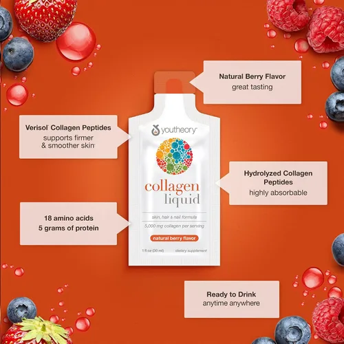 Vista 5 de Youtheory Colágeno Líquido para Cabello, Piel y Uñas con Péptidos de Colágeno y Aminoácidos, Suplemento Bebible Libre de Gluten, Sabor a Bayas, 12