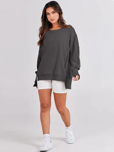 Vista 6 de ANRABESS Sudaderas de gran tamaño para mujer, con cuello redondo, manga larga, casuales y holgadas, con aberturas, ropa de otoño 2025