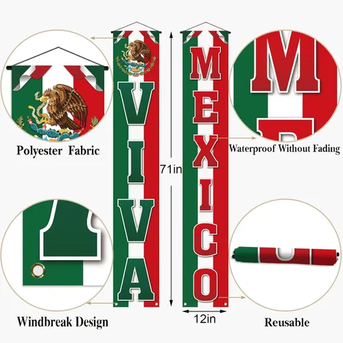Vista 2 de Pudodo Viva México Porche Banner Dia De La Independencia Día de la Independencia Mexicana Fiesta Puerta Frontal Colgante de Pared Banner Decoración