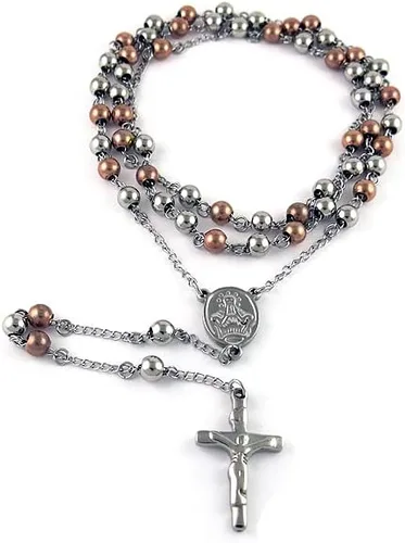 Vista 2 de Savlano Collar de cruz de rosario con cuentas de acero inoxidable Medallón de cruz de crucifijo de 0.236 pulgadas, collar en Y para mujeres