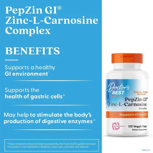Vista 3 de Doctor's Best PepZin GI, complejo de zinc-L-carnosina, sin OMG, vegano, sin gluten, sin soja, soporte digestivo, 120 cápsulas vegetales