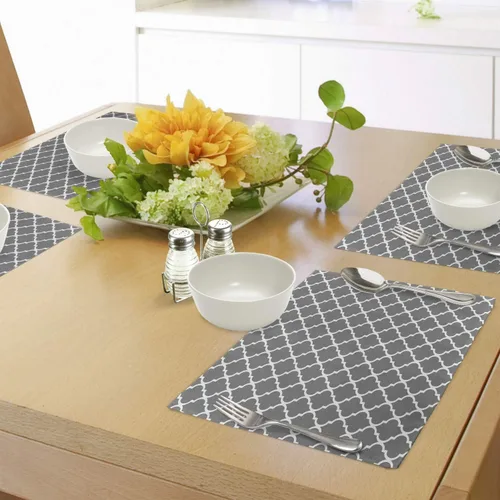 Vista 4 de Ambesonne Juego de 4 manteles individuales grises con diseño de púas con diseño geométrico de hojas y celosía, inspirados en la vida campestre