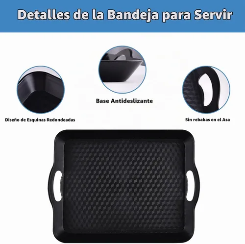 Vista 5 de Bandeja de plástico con asas, paquete de 2 bandejas rectangulares multiusos antideslizantes para servir restaurante para fiestas, mesa de café