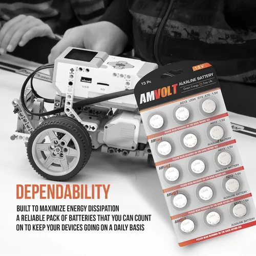 Vista 5 de AmVolt- Pack of 15 LR44 Batteries AG13 SR44 357 303 Premium Alkaline Non Rechargeable Button Battery, 1.5 Volt Small Batteries for Watches Clocks &