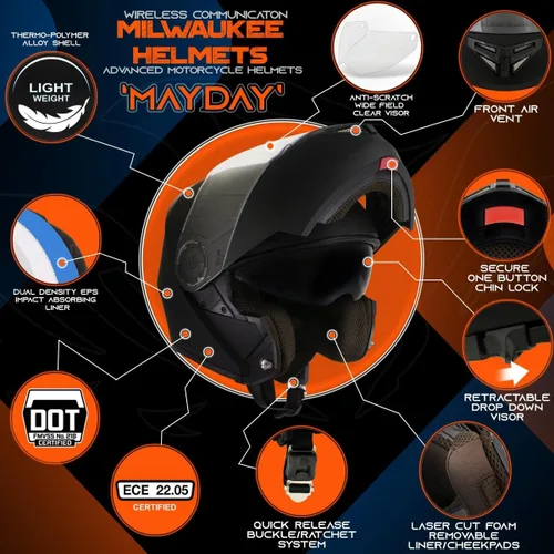 Vista 2 de Milwaukee Helmets H7005 Flat Black MayDay Modular Casco de motocicleta inalámbrico de cara completa - Stream Music-Llamadas telefónicas