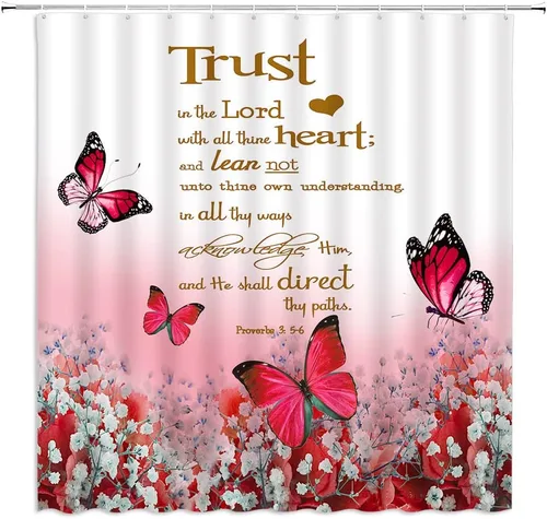 Vista 7 de GCTNBJL Cortina de ducha con cita inspiradora, diseño de mariposa y flores azules y verde azulado con texto en inglés "Trust in the Lord