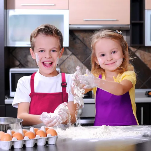 Vista 6 de Syhood Paquete de 6 delantales para niños a granel con 2 bolsillos ajustables para niños, delantal de chef artístico, para cocinar, hornear, pintar