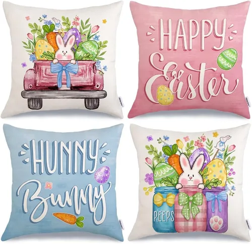 Vista 8 de GEEORY Happy Easter Eggs Hello Peeps - Juego de 4 fundas de almohada de 18 x 18 pulgadas, diseño de conejito de conejito con lunares, decoración