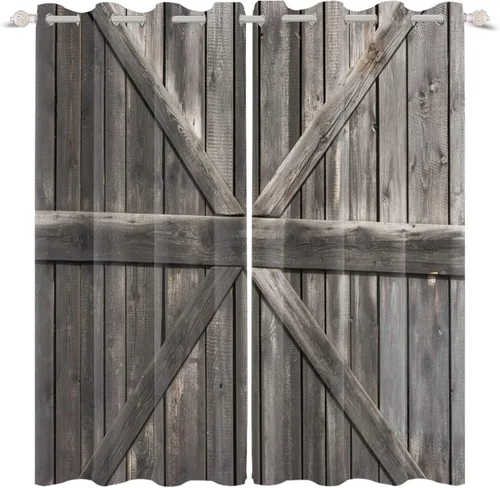 Vista 4 de Cortinas rústicas para ventana de puerta de granero, puerta de madera gris, puerta de garaje, tratamiento de ventana para sala de estar, dormitorio