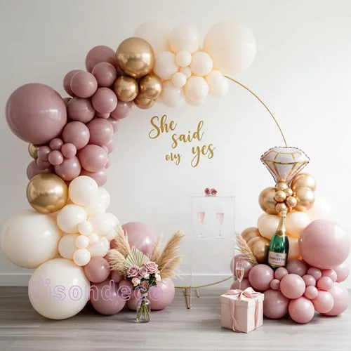 Vista 7 de Kit de arco de globos rosa, blanco y dorado champán, kit de guirnalda de globos de doble relleno, color rosa polvoriento, con mariposas para feliz