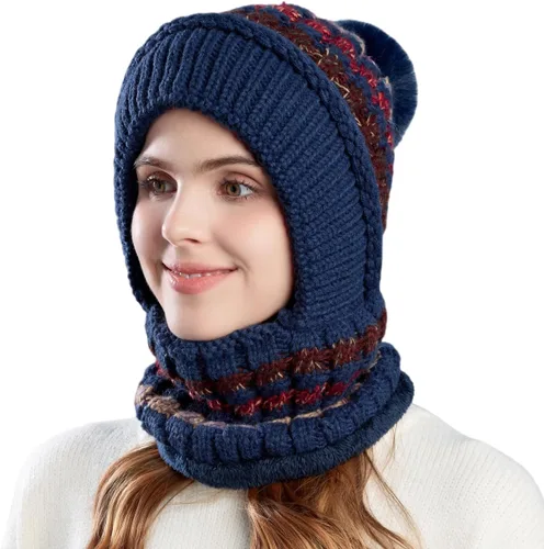 Vista 20 de Gorro de Invierno para Mujer de Una Pieza con Forro Polar Pasamontañas de Punto Conjunto con Bufanda Circular para Cuello Gorro de Esquí para Nieve