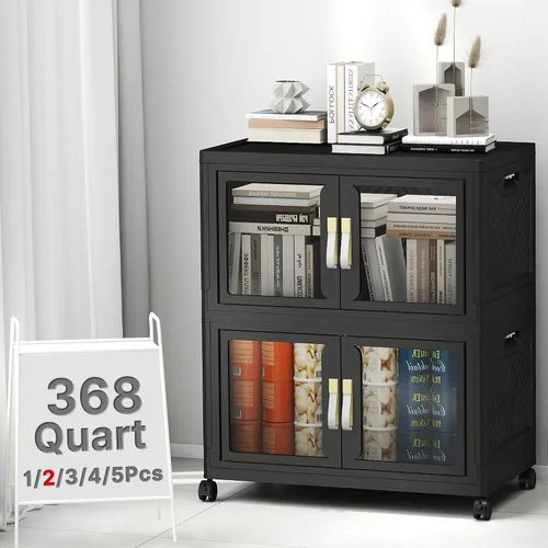 Vista 25 de Contenedor de almacenamiento apilable de 48 cuartos de galón con tapa, ruedas y puerta, organizador plegable de 12 galones para dormitorio, estudio