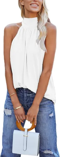 Vista 4 de Remidoo Camiseta sin mangas casual para mujer, cuello con lazo frontal, plisado