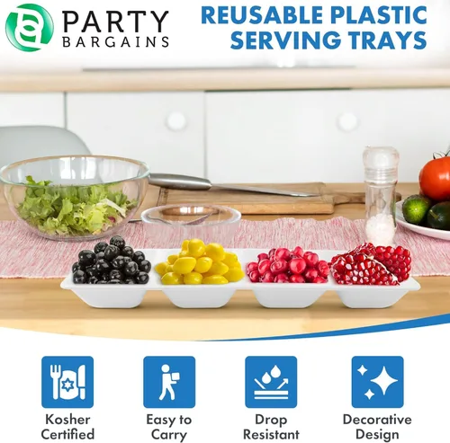 Vista 7 de Party Bargains Bandeja rectangular seccional desechable blanca (paquete de 4) de 5 x 16 pulgadas. Bandeja de plástico con 4 compartimentos