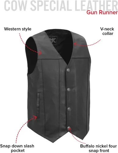 Vista 2 de First Mfg Co - Gun Runner - Chaleco de cuero para motocicleta para hombre, estilo occidental, estilo vaquero, con un panel en la espalda, cuello en V