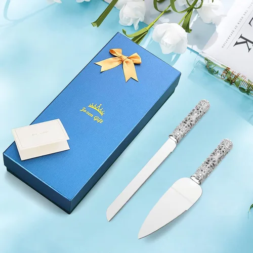 Vista 9 de Juego de cuchillo y servidor de plata para boda, juego de 2 piezas de postre con mango de metal con piedras de cristal para decoración de bodas