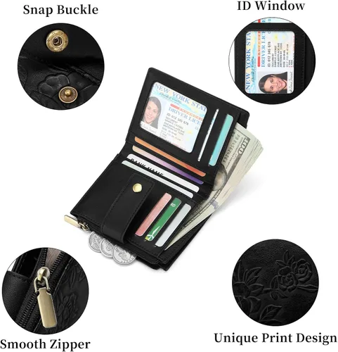 Vista 4 de SENDEFN Billeteras pequeñas para mujer, con bloqueo RFID, de cuero, plegable, para tarjetas de crédito, bolsillo con cremallera y ventana