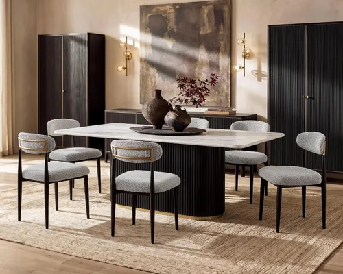 Vista 17 de Juego de mesa de comedor moderno Morden Fort para 4, mesa de cocina de 70" con tapa rectangular de mármol y base estriada negra, 4 sillas tapizadas