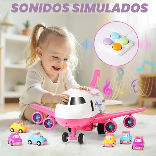 Vista 6 de Dwi Dowellin Juguete de avión rosa con 6 camiones y tapete de juego, avión con luces y sonidos para niños y niñas de 3, 4, 5, 6, 7 años
