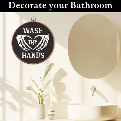 Vista 5 de VZVCTFS Lienzo decorativo redondo gótico de 10 pulgadas, lávate las manos, manos de esqueleto, decoración oscura para baño, decoración colgante