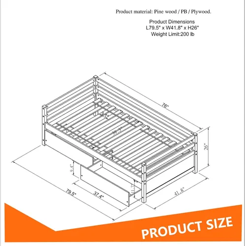 Vista 8 de Marco de sofá cama de madera de tamaño individual con 2 cajones de almacenamiento, sofá cama multifuncional con soporte de listones de madera