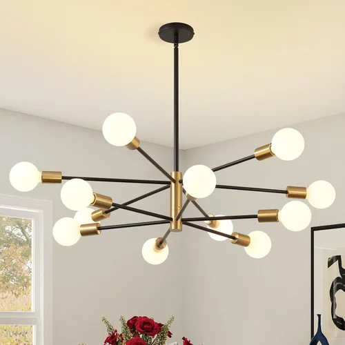 Vista 20 de KAISITE - Candelabro Moderno Sputnik - Candelabro de 6 Luces con Ajuste de Altura, Acabado en Negro y Oro para Cocina, Dormitorio y Vestíbulo