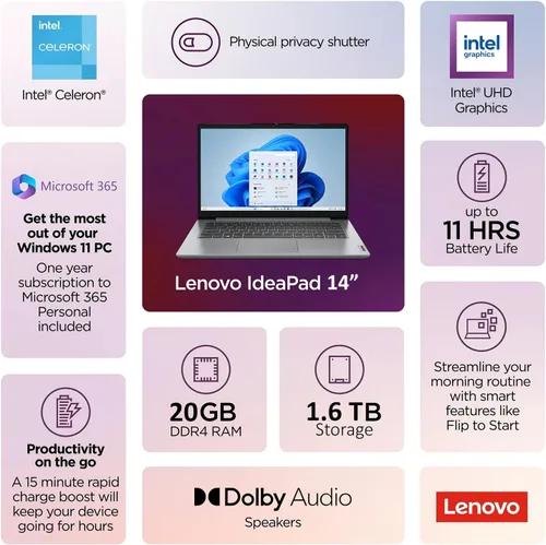Vista 2 de Lenovo IdeaPad Laptop de 14 pulgadas • 12 GB de RAM • 384 GB de almacenamiento combinado a bordo • Intel Celeron • Gráficos Intel UHD • Batería