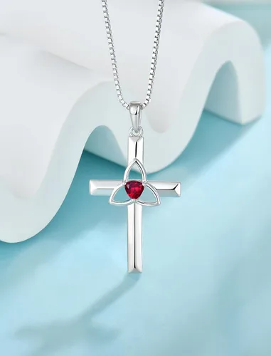 Vista 6 de Collar de cruz celta de plata de ley 925 con colgante de piedra natal chapada en oro blanco para mujer