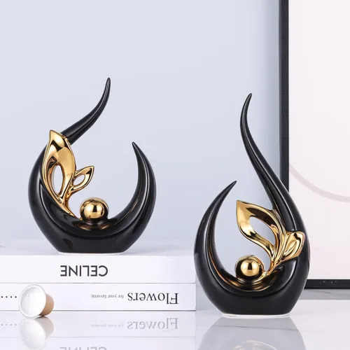 Vista 3 de Esculturas abstractas de oro negro de 9.4 pulgadas de alto, decoración del hogar, estatua de arte de cerámica genial para poner en estantes