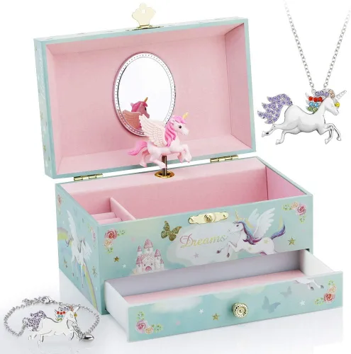 Vista 6 de RR ROUND RICH DESIGN Joyero musical para niños con temática de unicornio y flores para niñas