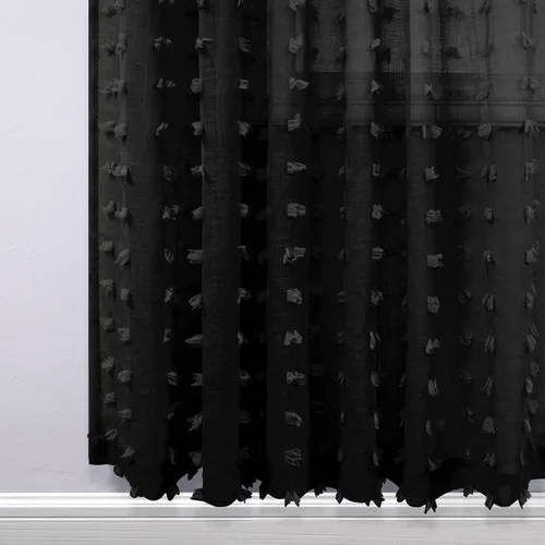 Vista 5 de Cortinas negras KOUFALL de 45 pulgadas de largo para ventana de cocina, cortinas transparentes con pompones y textura de encaje bohemio con bolsillo