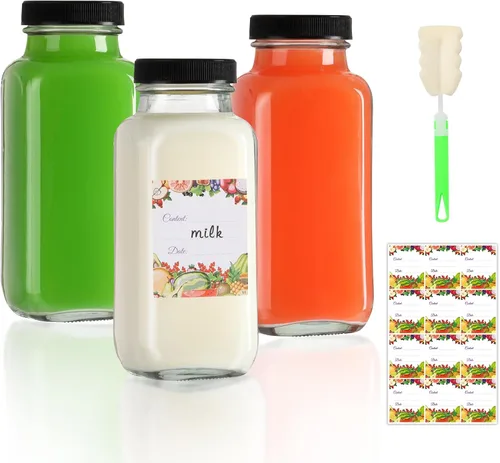 Vista 9 de AuroTrends Botellas de vidrio de 12 onzas con tapas 12Pack, botellas de vidrio de 360ml para jugos, agua, kombucha - Botellas de vidrio