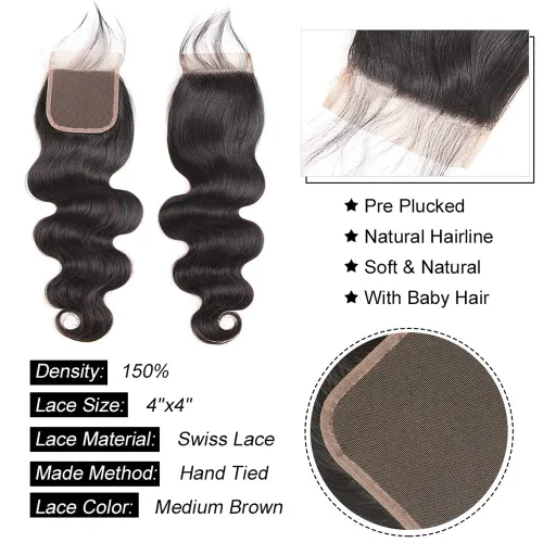 Vista 4 de Paquetes con extensiones de cabello ondulado con cierre (10 12 14+10, parte libre) cierre de encaje 4×4 con 3 paquetes 100% cabello humano virgen
