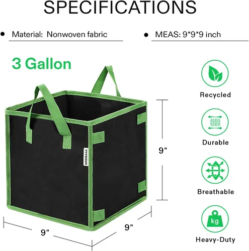 Vista 3 de VIVOSUN Paquete de 5 bolsas de cultivo cuadradas de 3 galones, macetas gruesas de tela cúbica no tejida con asas para jardinería interior y exterior