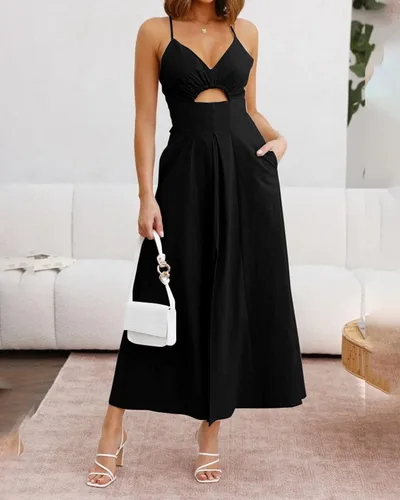 Vista 8 de BTFBM Vestido de verano 2023 con tirantes delgados, sin mangas, cuello en V, abertura, casual, playa, fiesta, maxi vestidos con bolsillos