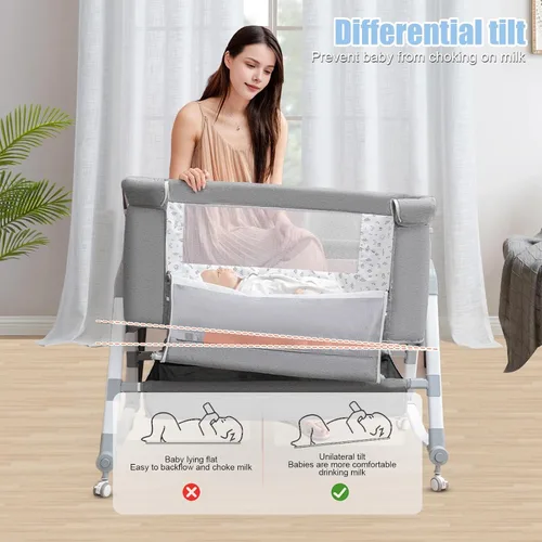 Vista 5 de 3 in 1 Bedside Sleeper Crib, Height Adjustable Co Sleeper, Movable Beside Bassinet with Curved Rocking Cradle, Lockable Wheels, Detachable Mosquito