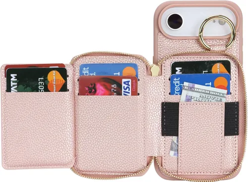 Vista 5 de Funda compatible con iPhone Air Wallet con tarjetero para iPhone Air, funda con cremallera y ranura para mujer, 5G de 6.5 pulgadas, color oro rosa