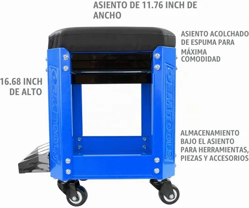 Vista 3 de OEMTOOLS 24996 Asiento Creeper de Taller Azul, Taburete con Ruedas con Almacenamiento de Herramientas, Taburete de Mecánico para Trabajo de Garaje
